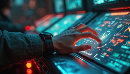Young man interacting with touchscreen display in control room at night