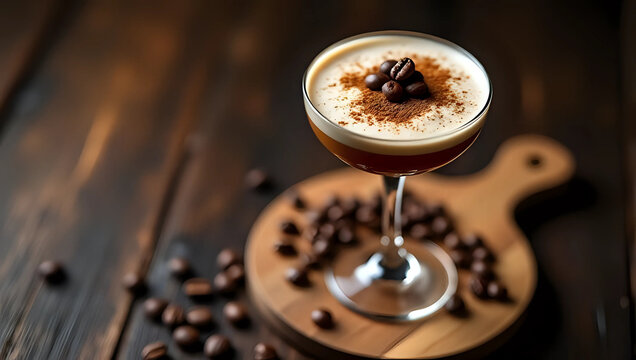 A carajillo coffee cocktail, espresso and vanilla liqueur mix on rustic wood table, classic Spanish hot drink with coffee beans and foam - refreshing beverage and delicious dessert concept 