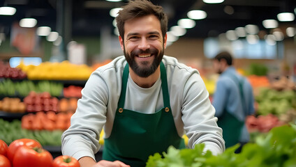 Portrait of smiling and friendly male grocer dressed in green apron and white shirt, market background with various colorful fruits and veggies
