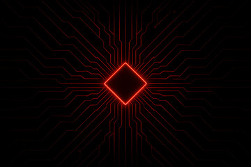 Vibrant red circuit board lines radiate from a central glowing rhombus on a dark background