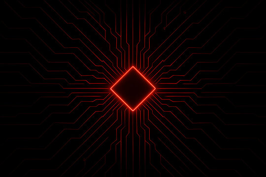Vibrant red circuit board lines radiate from a central glowing rhombus on a dark background