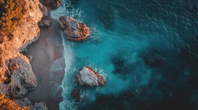 Coastal rocks, waves, and sand. Aerial view of a secluded beach