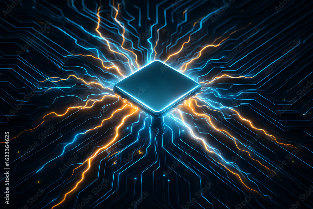 Poster dynamic circuit board with glowing central processor radiating energy and data streams