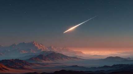 A glowing meteor streaks across the twilight sky, illuminating a vast and serene mountain landscape shrouded in mist.