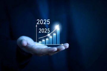 Business Growth Projection 2025 Hand Holding Rising Bar Graph