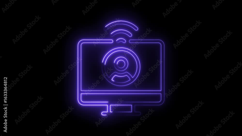 Poster glowing neon computer monitor with wifi signal and user profile icon on black background futuristic