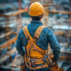 Construction worker secured with a safety harness belt while performing tasks at significant height   high resolution   for isolate image
