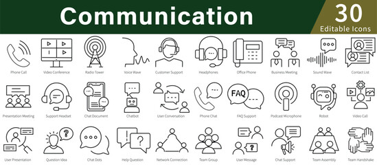 Communication Line Icons Set with Editable Stroke for Message, Contact, Social, and Digital Interaction
