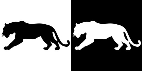 Prowling Tiger Silhouettes in Stark Black and White Mirrored Contrast