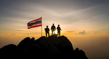 Fototapeta premium Silhouette of Soldiers and Flag at Sunrise: Courageous soldiers stand atop a mountain, the silhouette of their forms against a breathtaking sunrise and a fluttering flag