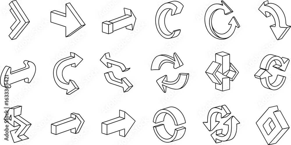 Fototapete vector art of 3d arrow icons set featuring various directions and styles in a simple line art style,