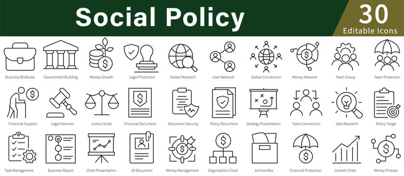 Social Policy Line Icons Set with Editable Stroke for Government, Public, Community, and Welfare Programs