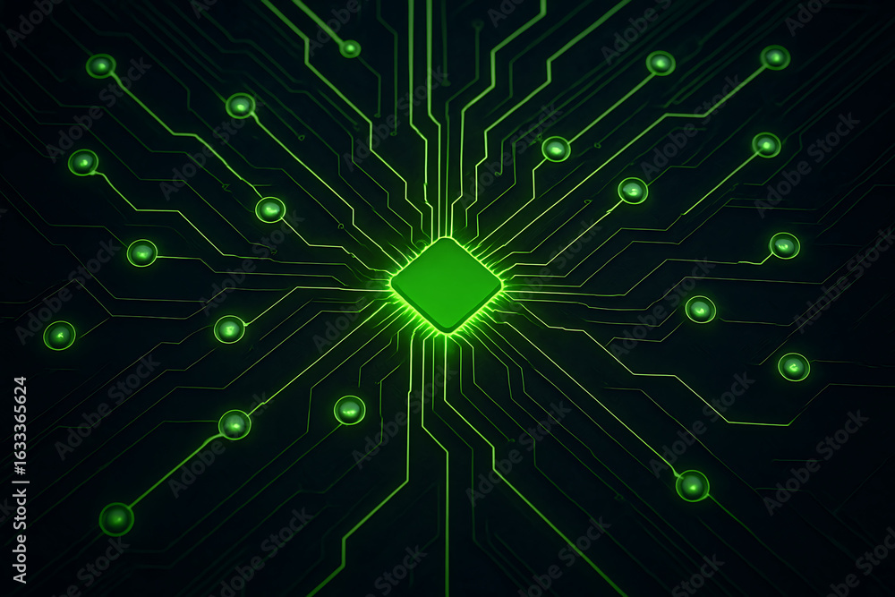 Aufkleber dynamic glowing green circuit board pulses with digital energy, showcasing advanced technology and d