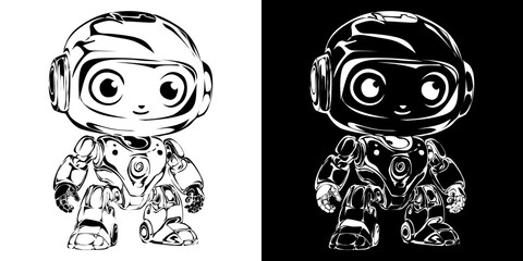 Adorable Futuristic Robot in High-Contrast Black and White Inverted Designs
