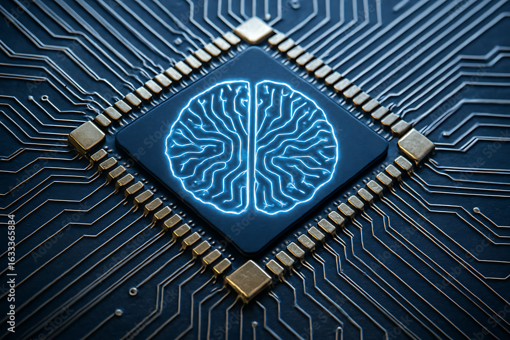 Poster digital brain illuminating on futuristic circuit board symbolizing artificial intelligence and innov