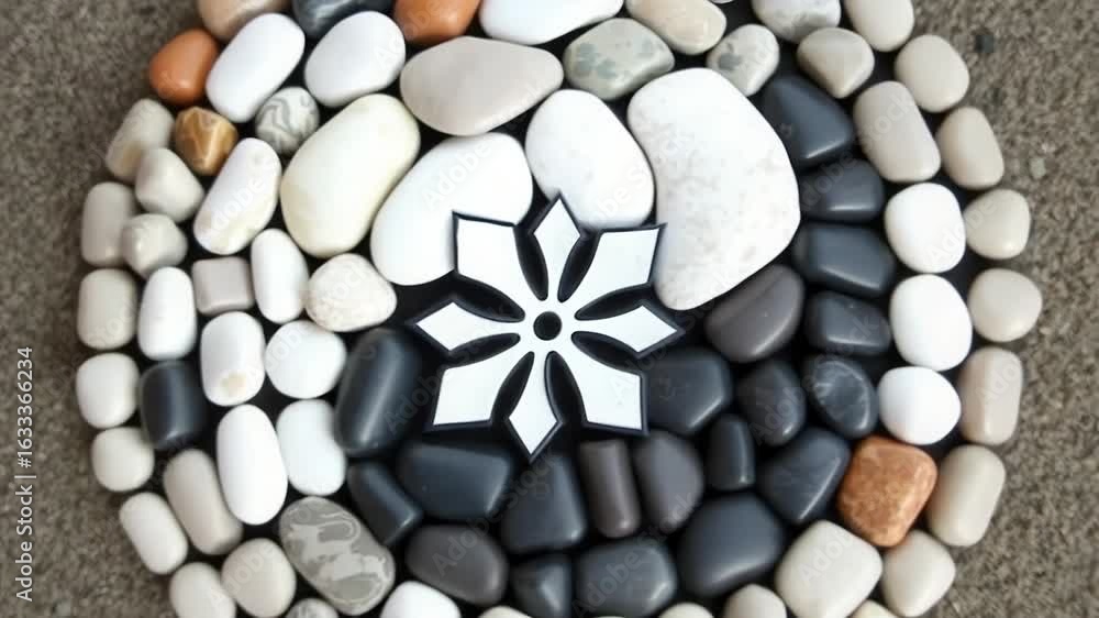 Poster circular mosaic pattern made of smooth pebbles and a central decorative element