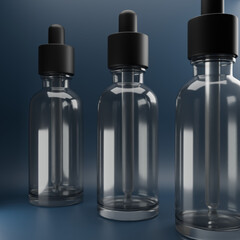 Set of Three Transparent Dropper Bottles with Black Caps on Gradient Blue Background.3D Illustration.