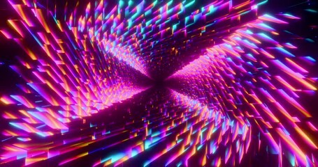 Futuristic glowing neon rays background. Shining pink planes rotate in perspective. Bright retro digital cyberspace. 4K 3D rendering loop animation. - Powered by Adobe