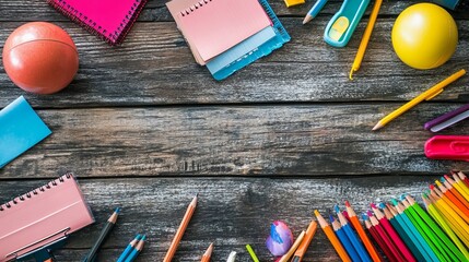Colorful school supplies arranged on a rustic wooden surface (1)