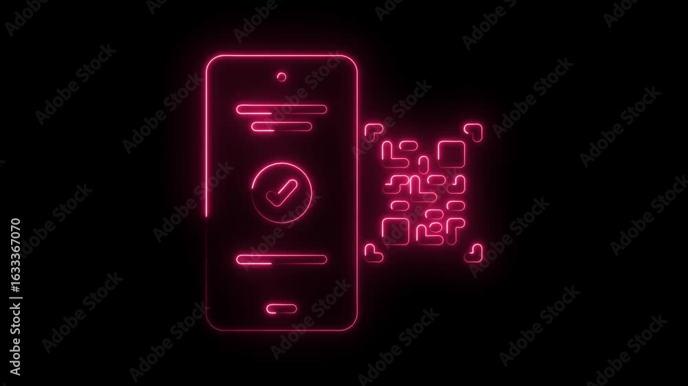 Poster glowing neon pink smartphone displaying a verified checkmark alongside a q r code on a transparent b