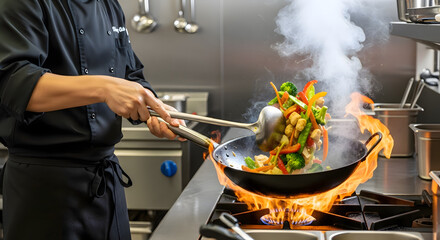 Culinary Master at Work: A culinary artist skillfully stir-fries fresh vegetables and savory ingredients in a fiery wok, expertly creating a delicious, aromatic meal in a professional kitchen setting.