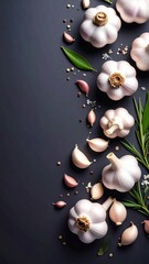 Aesthetic flat lay composition featuring fresh garlic bulbs, cloves, and rosemary
