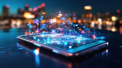 Smartphone displaying digital data visualization at night in city