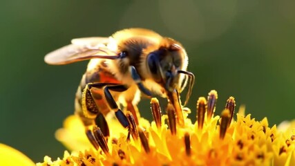 Close-up of a bee collecting nectar from a sunflower, sunlight casting golden highlights on the scene - Powered by Adobe