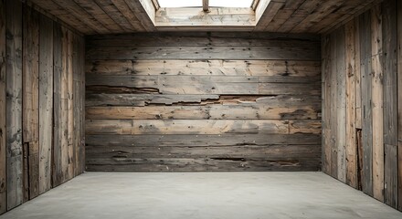 Empty square room with timber background of weathered planks with deep cracks on wall