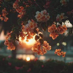 Sunset through vibrant peach-colored blossoms