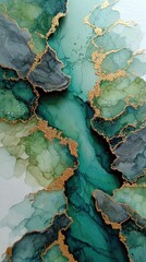 Abstract art, teal, gold, and gray marbled design