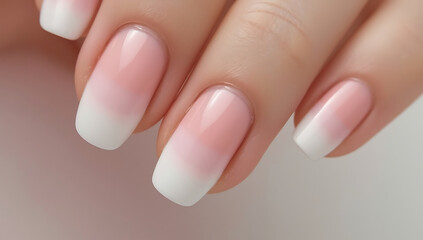 The image features well-groomed nails displaying a soft ombre effect, transitioning from a light peach to a white tip.