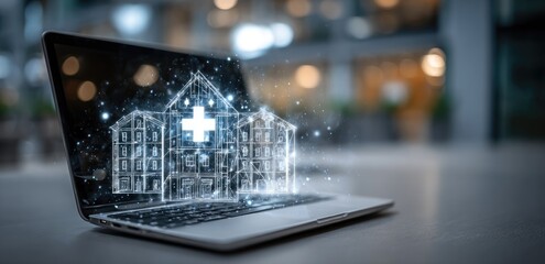 Laptop screen displaying a digital hospital building