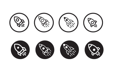 Naklejka premium Set of rocket vector icons. Launch spaceship, silhouette of a rocket launching icon, vector illustration eps 10.