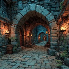 Stone-walled alleyway, lit by torches