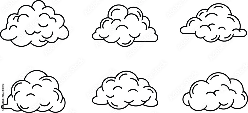 Poster vector art of set of six cloud icons, representing various weather conditions and atmospheric elemen