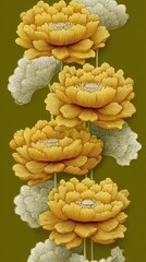 Vertical floral pattern, golden yellow flowers, light grey leaves