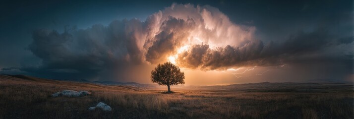 Stunning Landscape With Dramatic Skies and Lone Tree at Sunset in an Open Field