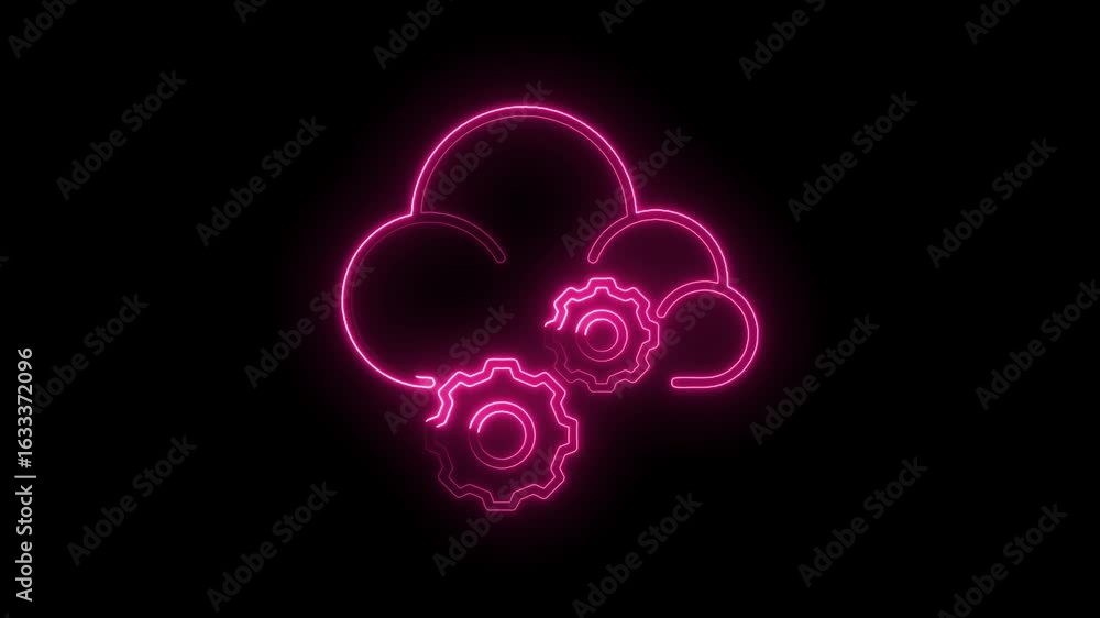 Poster glowing neon cloud with gears icon on black background symbolizing cloud computing technology data