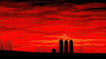 Silhouetted silos against a fiery red sunset
