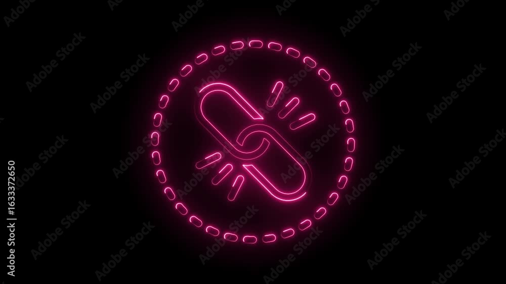 Poster glowing neon broken link icon with circular dashed border on black background futuristic digital sym