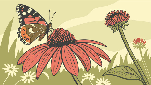 Beautiful butterfly on echinacea flower illustration in garden nature scene graphic art design vector