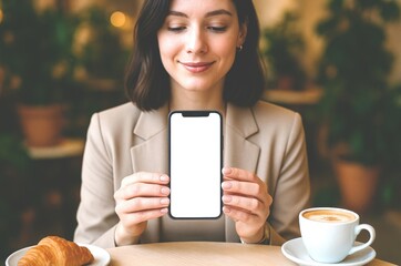 Mockup, woman's hands holding mobile phone with blank screen in coffee shop.