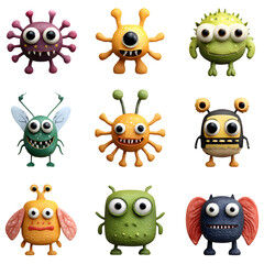 Obraz premium Colorful Monster and Microbe Icons Featuring Stylized Creatures, Viruses, and Molecular Structures in Grid Layout for Educational, Gaming, and Scientific Design Projects.