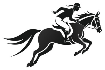 Obraz premium Black Silhouette of Horse and Rider Jumping Illustration on White Background for Equestrian Themes