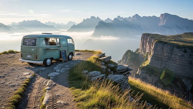 A vintage food truck is parked on a dramatic mountain cliffside, offering refreshments in a breathtaking high-altitude setting with misty peaks and golden light.