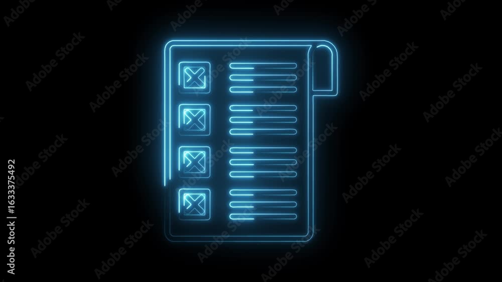 Poster glowing neon blue checklist icon with crossed out items and text lines on a transparent black backgr