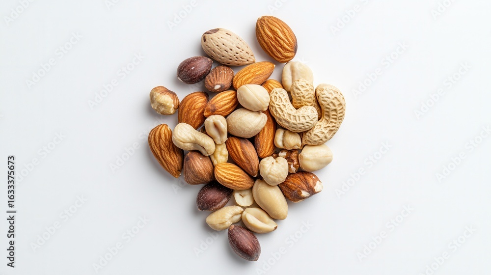 Poster various types of nuts arranged in a pile on white background