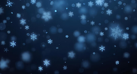 Dark blue bokeh background with softly blurred light and falling snowflakes creating calm winter
