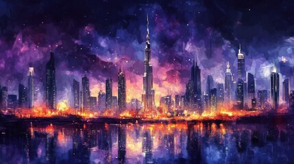 Vibrant cityscape reflection at waterfront during night
